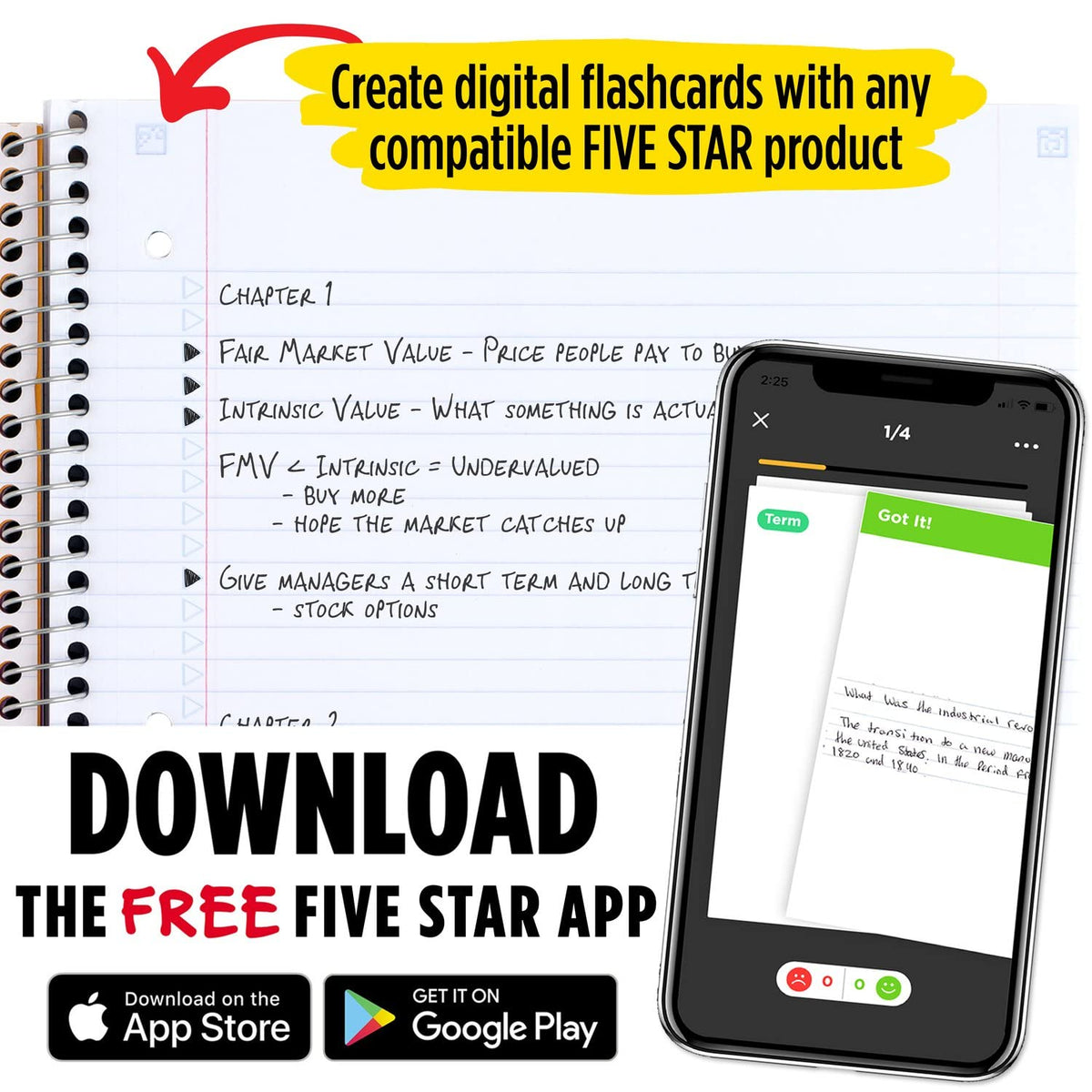 Five Star Spiral Notebooks + Study App, 3 Pack, 3-Subject, College Ruled Paper, 11" x 8-1/2", 150