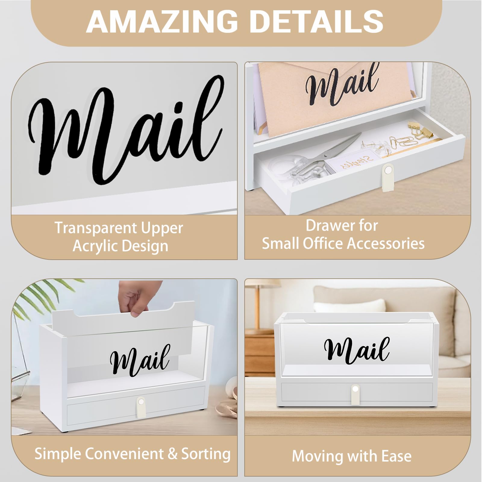 Two-Layer Solid Wooden Mail Storage Organizer Holder with Clear Acrylic Top and Bottom Drawer