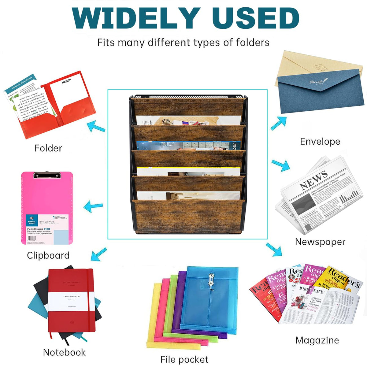 PAG-Mass Wall File Organizer for Office, 5-Tier Rustic Hanging File holder Wall Storage Rack for