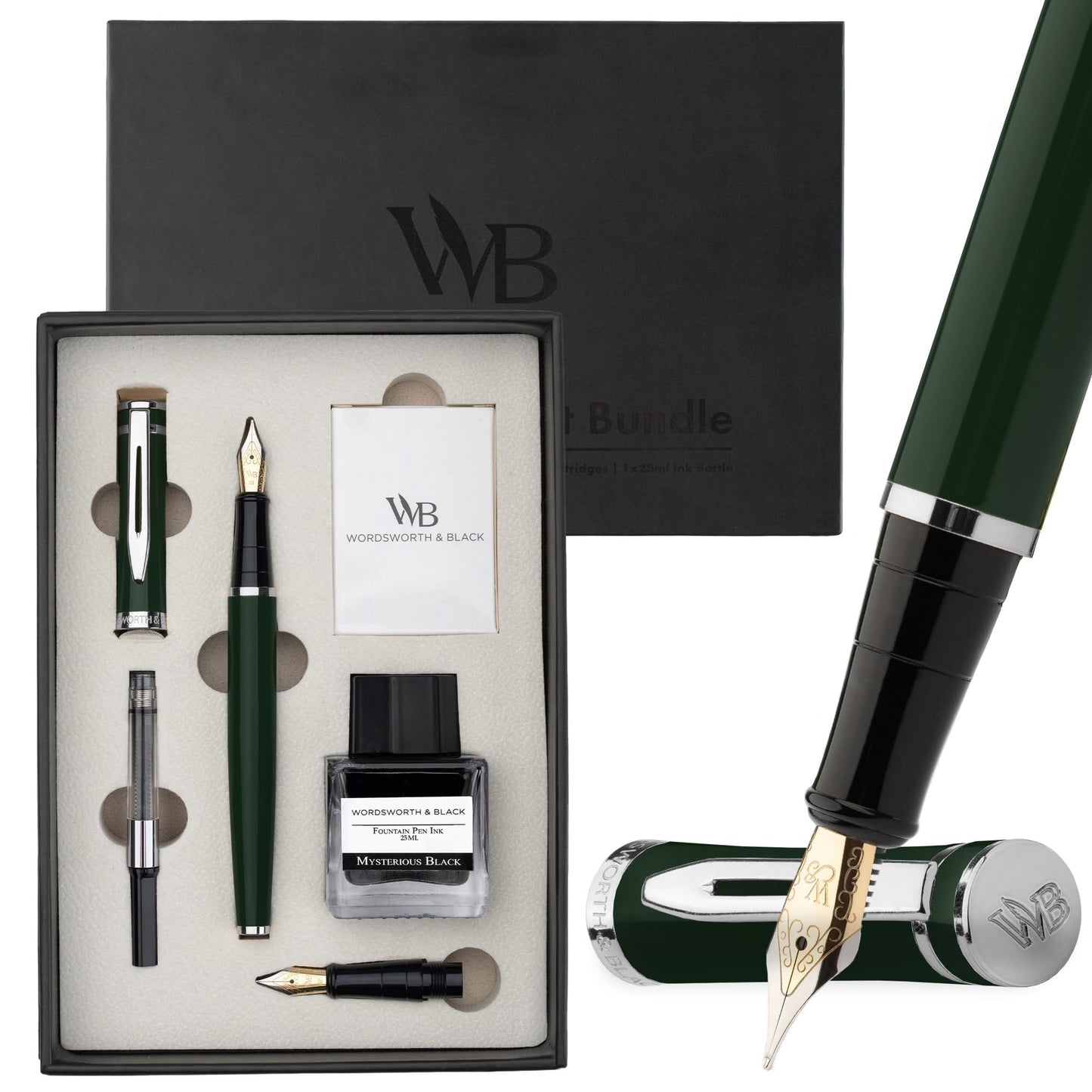 Wordsworth & Black Fountain Pen Gift Set, Medium & Extra Fine Nib, Green