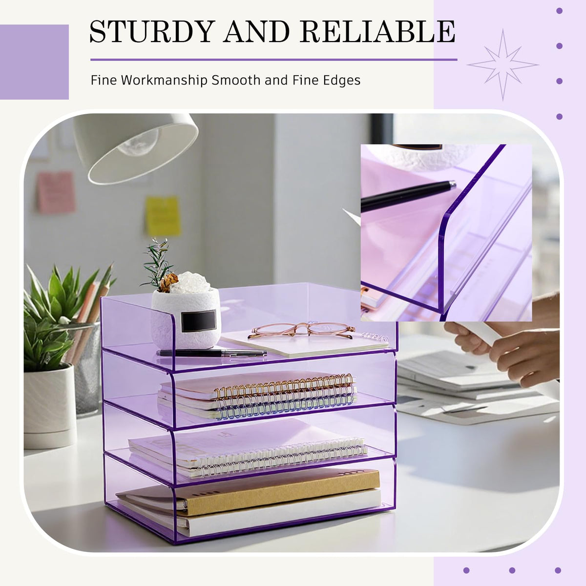 Harloon 4 Tier Paper Organizer Clear Purple Letter Tray Acrylic File Tray