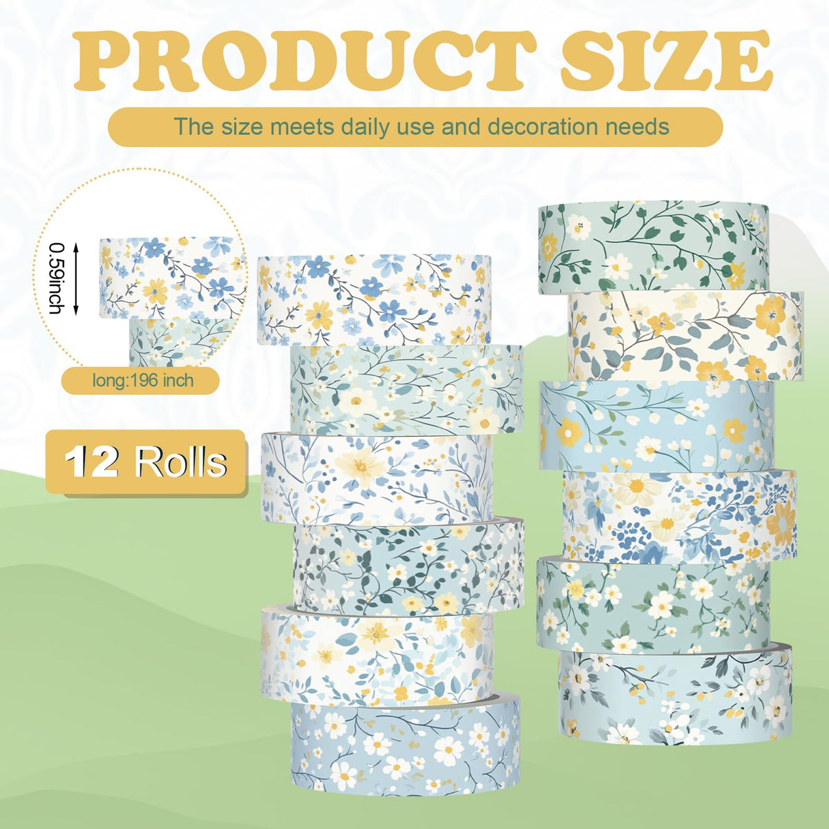 YooNotee 12 Rolls Floral Washi Tape Set,Blue,Wildflower