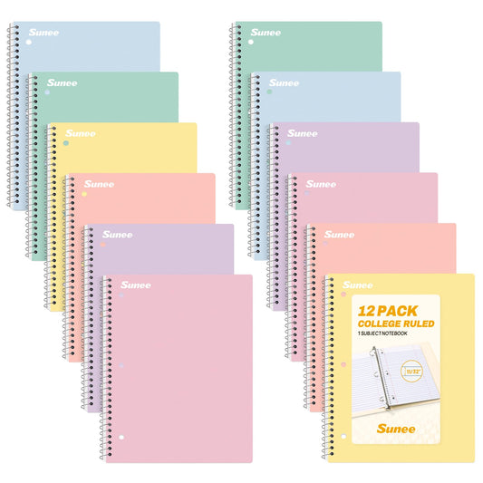 SUNEE Spiral Notebooks, 12 Pack, 1-Subject, College Ruled Paper, 8" x 10-1/2", 70 Sheets per