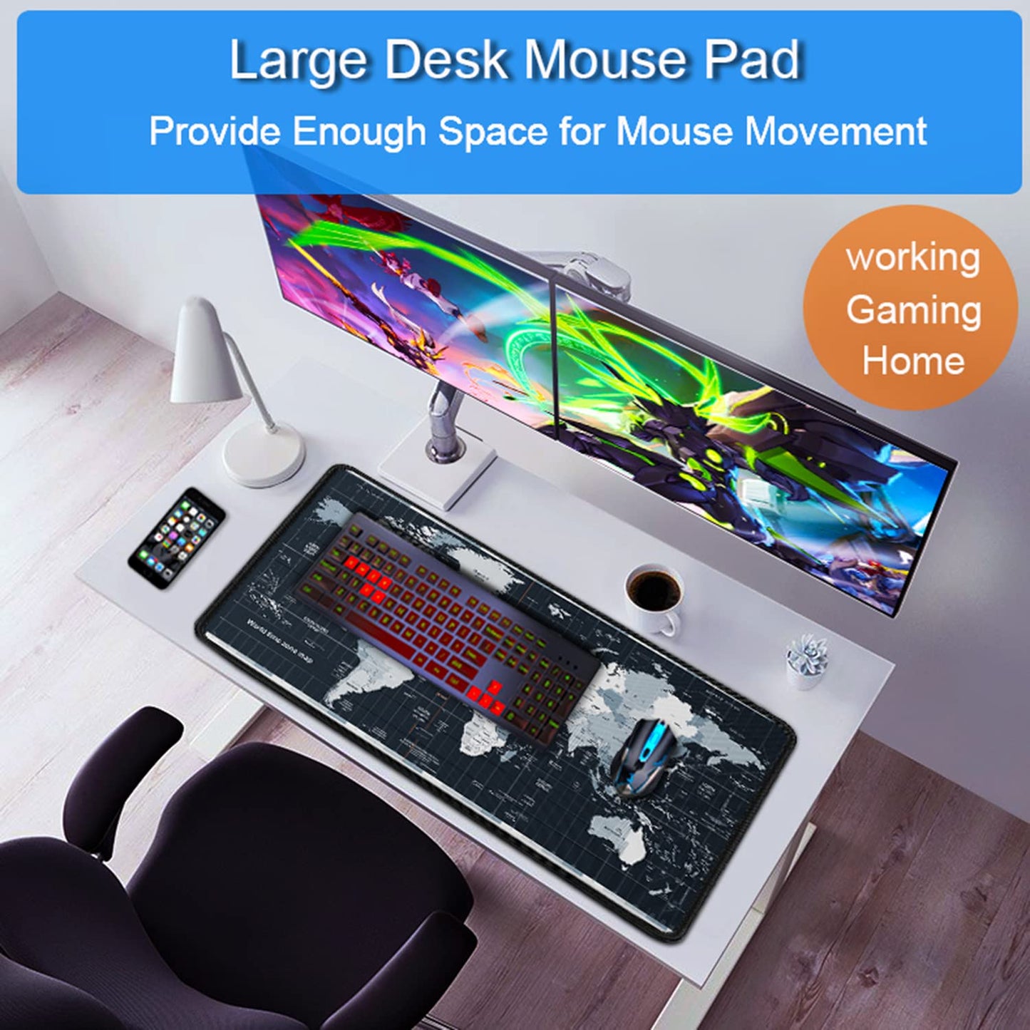 Large Gaming Mouse Pad with Stitched Edges, 31.5x15.7 in Extended Computer Keyboard Mouse Mat