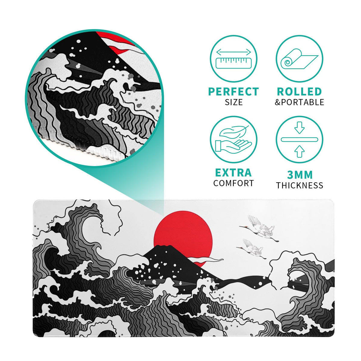 Japanese Red and Black Wave Gaming Mouse Pad Extended Large Mouse Mat Desk Pad Sea Texture Non-Slip