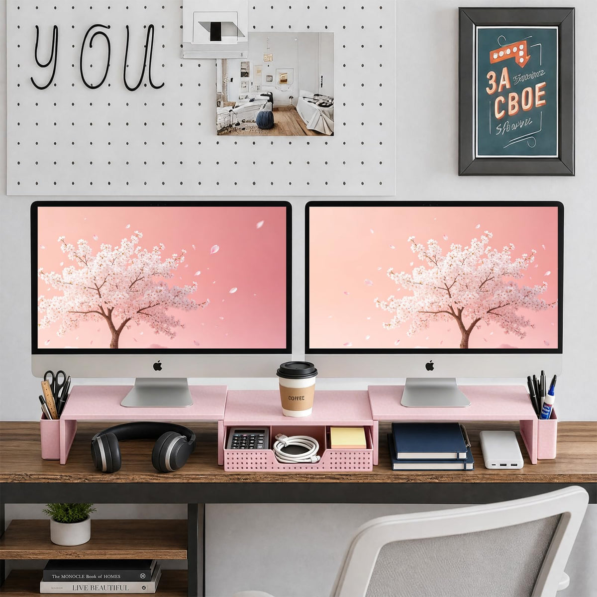 LEKETREE Dual Monitor Stand Riser with Drawer and 2 Pen Holders, Pink
