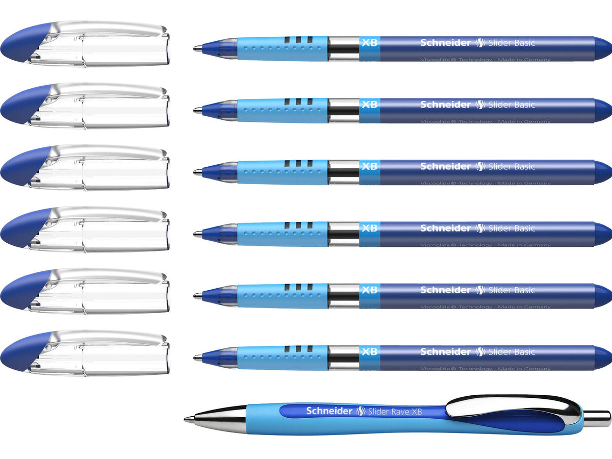 Schneider 151277 Slider Basic XB Pack of 6 and 1 x Slider Rave XB Ballpoint Pen with Case, Blue Ink