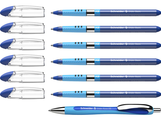 Schneider 151277 Slider Basic XB Pack of 6 and 1 x Slider Rave XB Ballpoint Pen with Case, Blue Ink