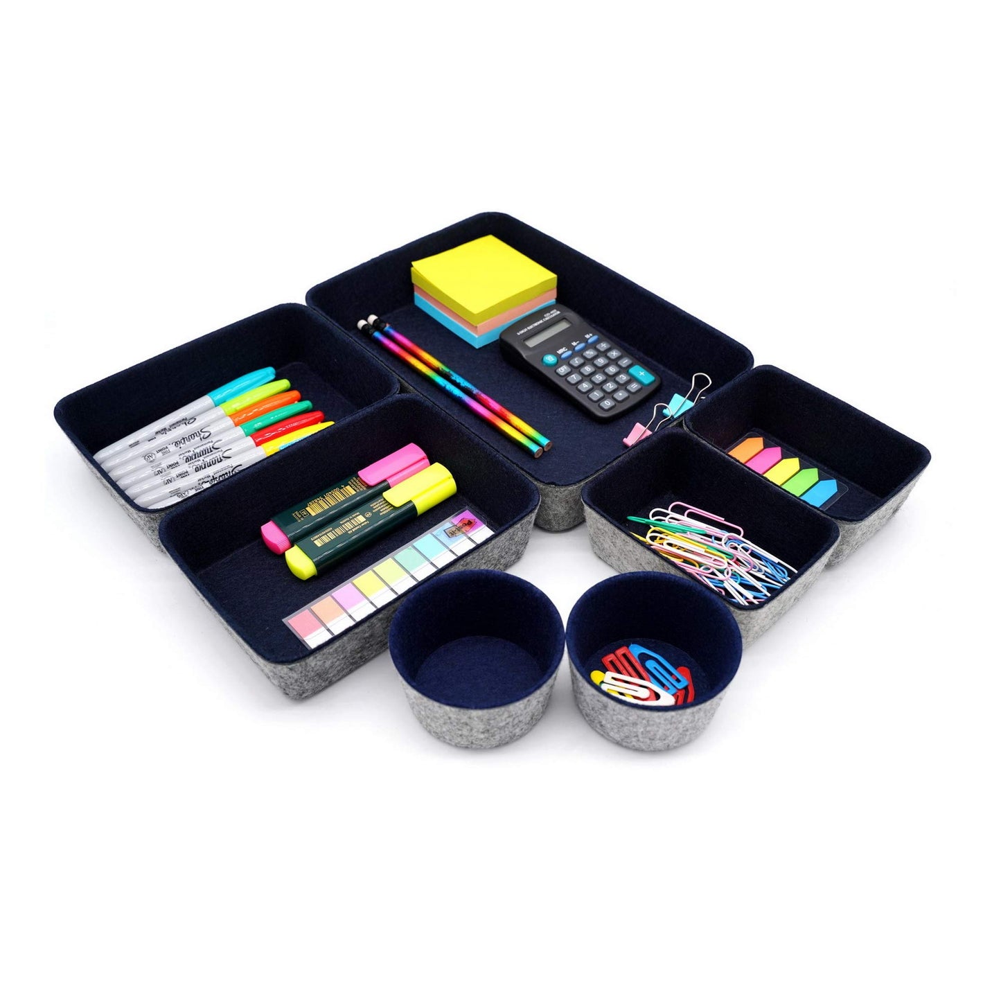 Welaxy 7 Piece Felt Desk Drawer Organizer Storage Bin Navy Catchall Tray