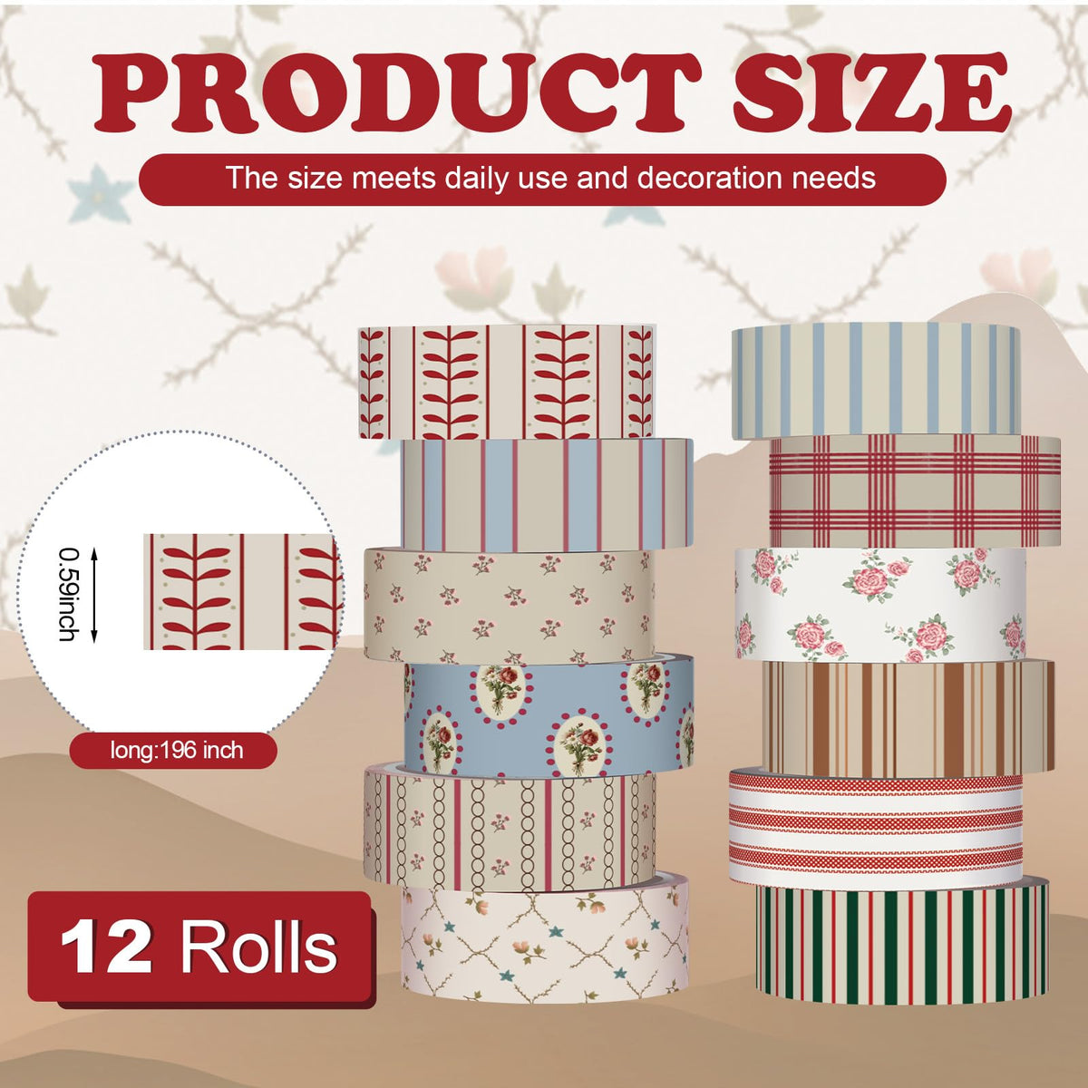YooNotee 12 Rolls Floral Washi Tape Set,Retro,Mixed Pattern