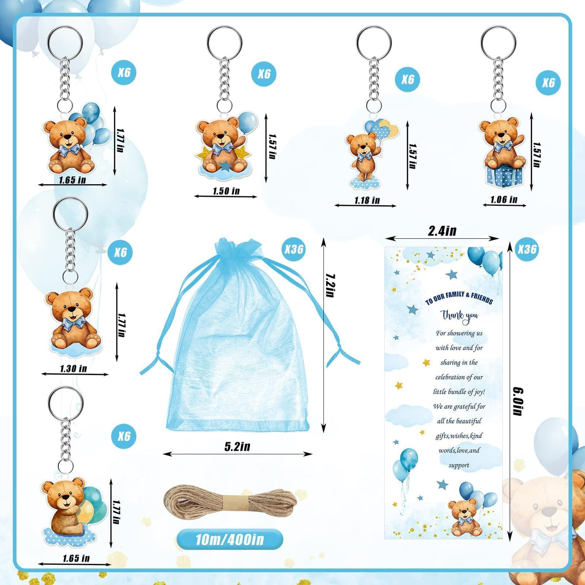 145 Pieces Baby Shower Favors for Guest Blue Teddy Bear Ballpoint Pens and Keychains Gifts for Boys