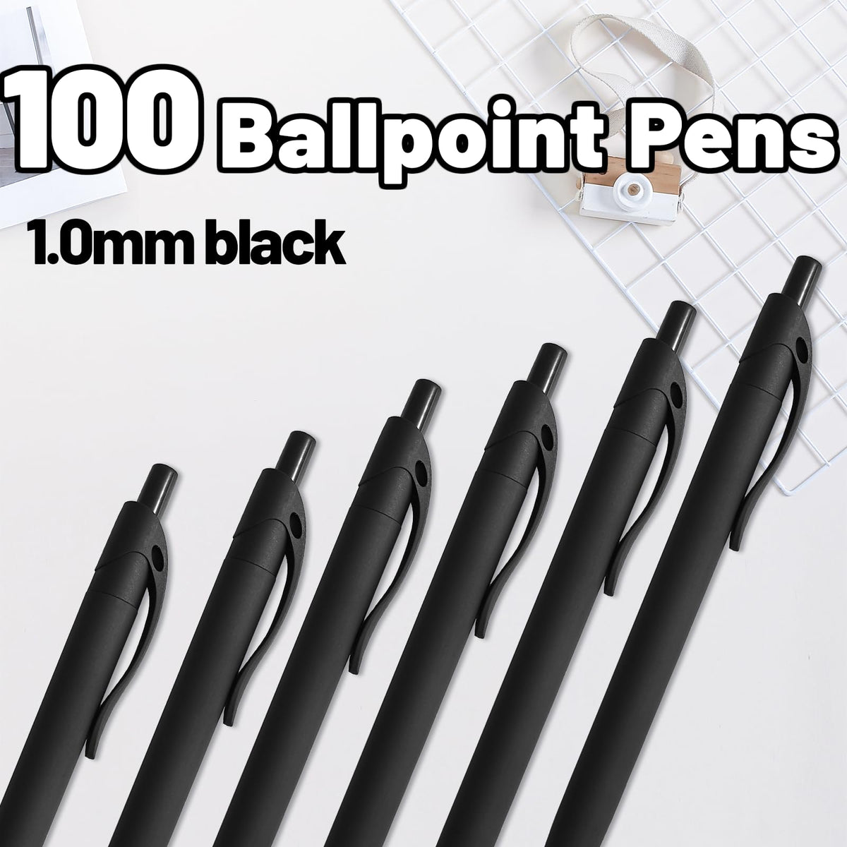 Wiaziert BallPoint Pens, 100 Pack (BLACK Ink),Bulk Pens, Black Barrel,Click Pens for Office Home