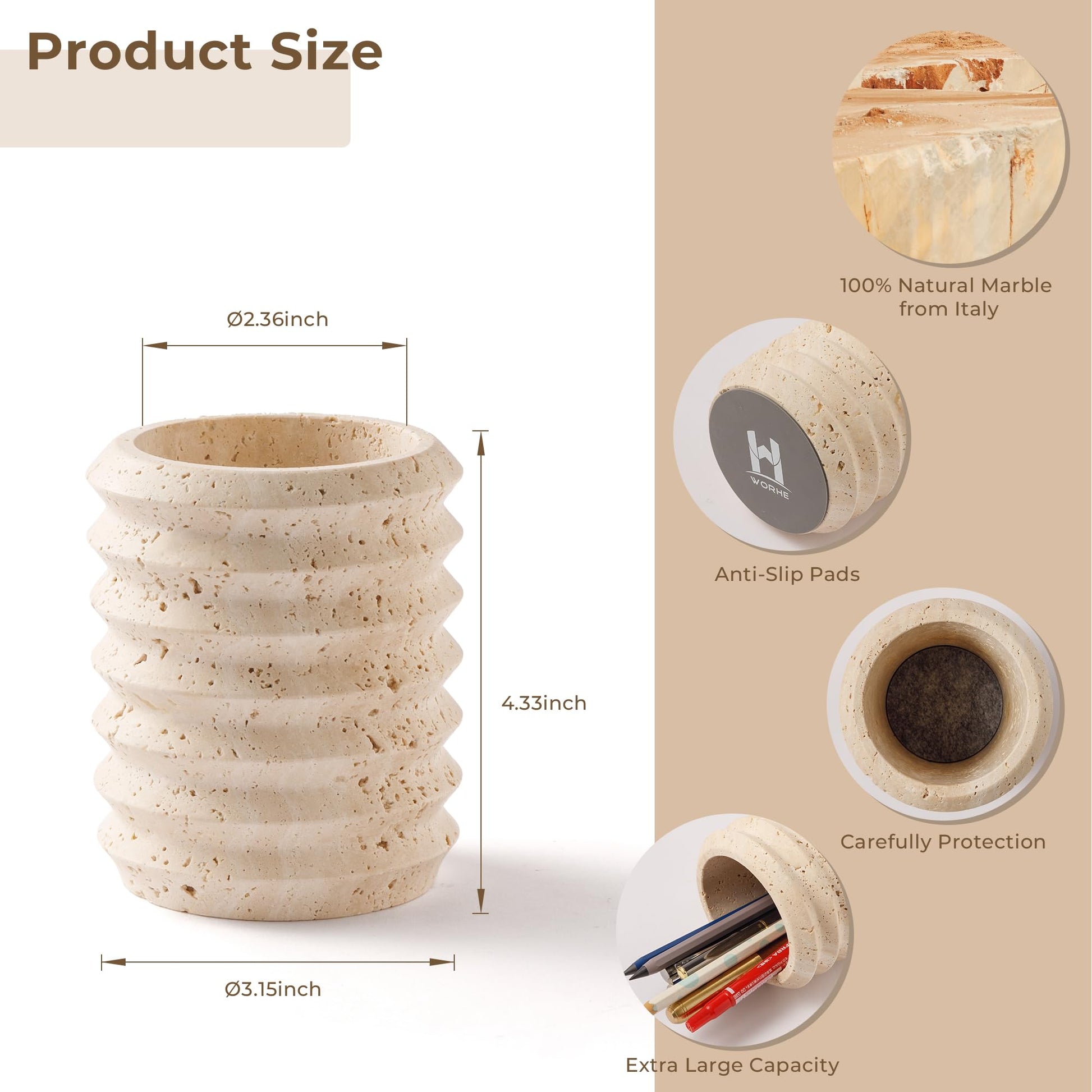 WORHE Pen Holder Stand for Desk, Natural Travertine Stone Makeup Brush Holders, Modern and