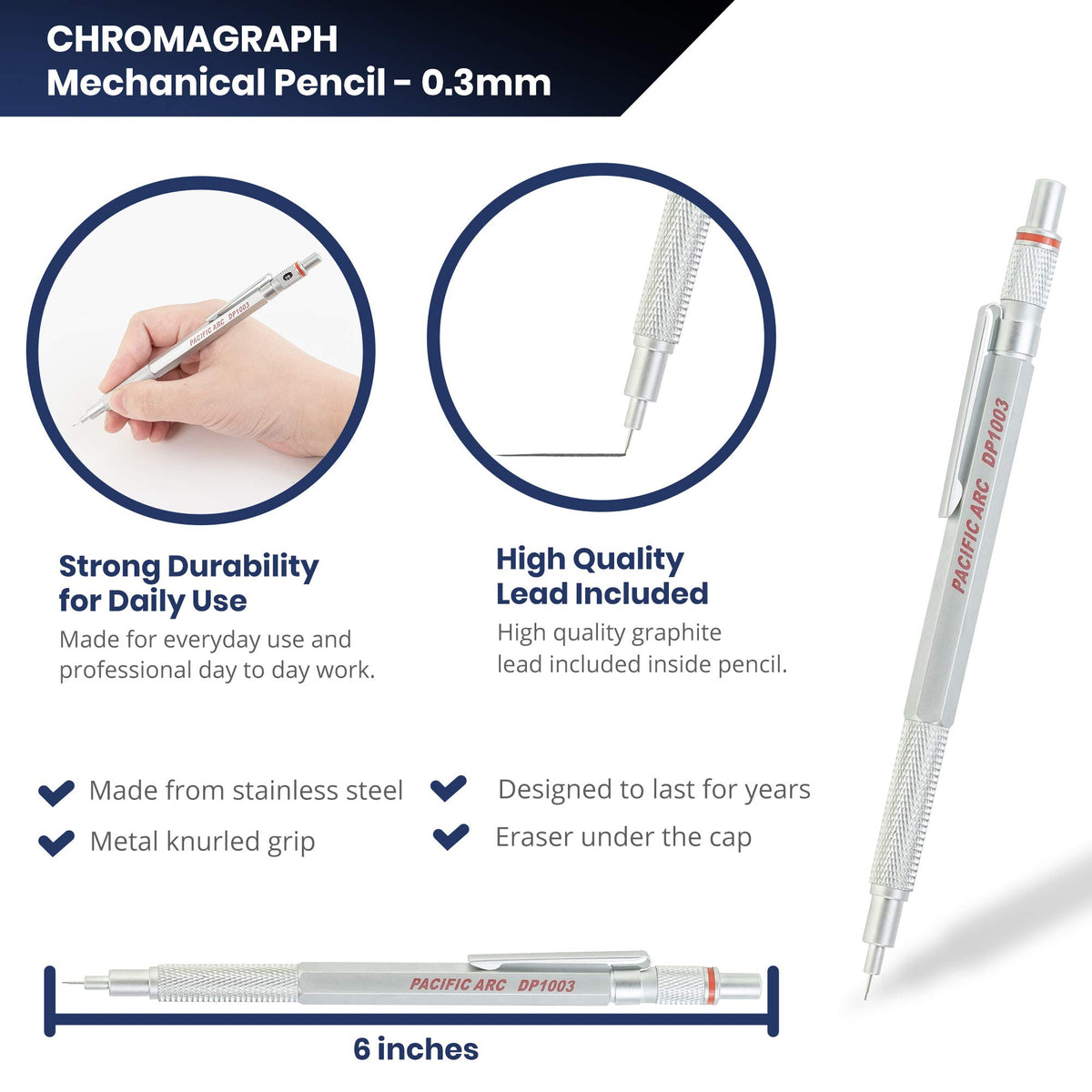 Pacific Arc Chromagraph Metal Mechanical Pencil .3 mm Silver Barrel Mechanical Pencil with Built In