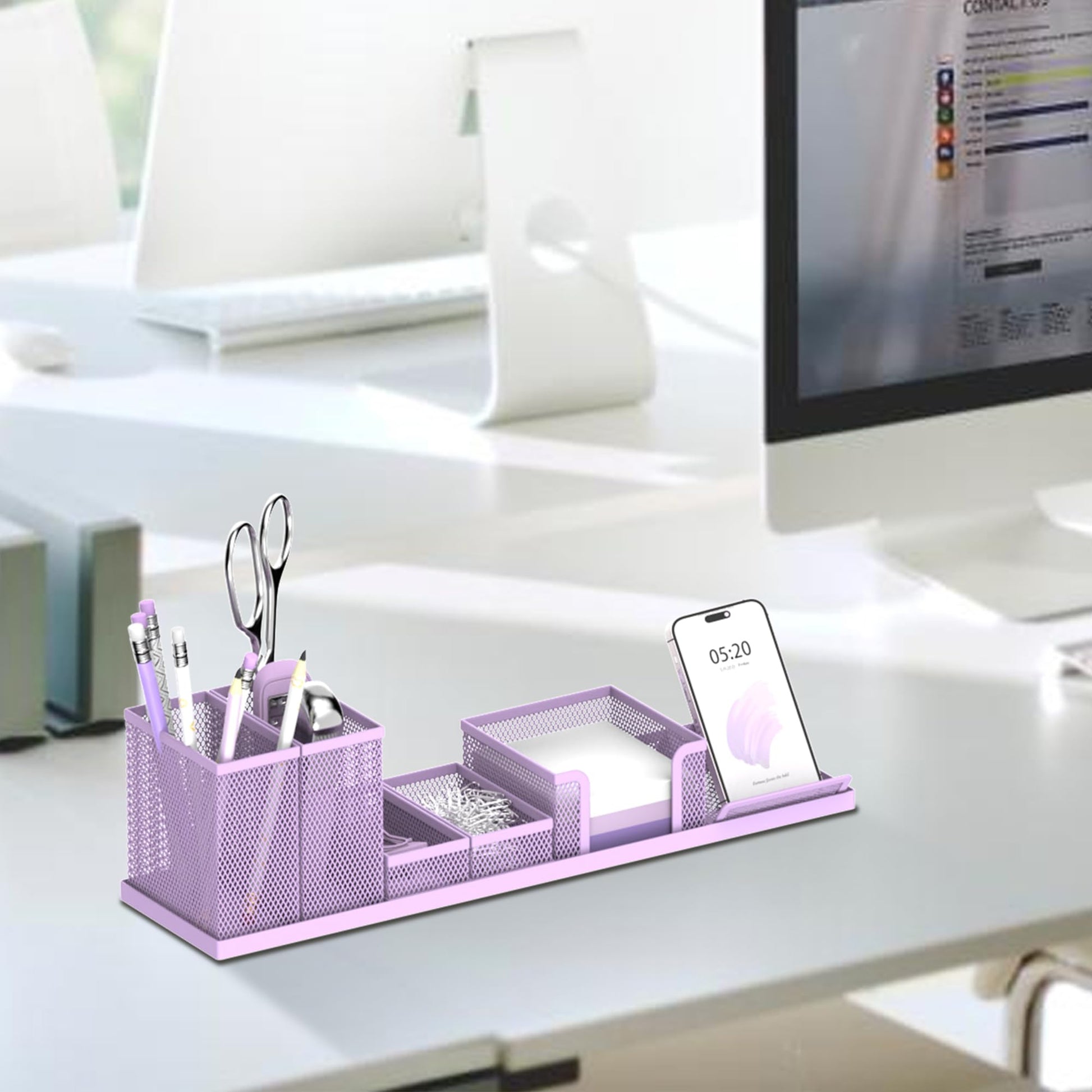Pen Holder for Desk, 6-Piece Mesh Desk Organizer with Phone Holder, Purple