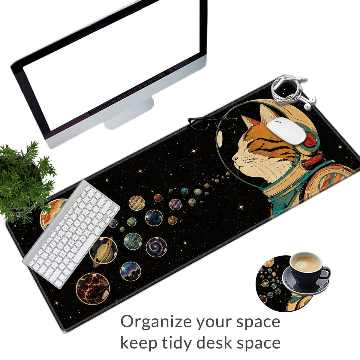 Planet Bubble Cat Large Mouse Pad, 31.5 x 11.8 in Extended Desk Mat