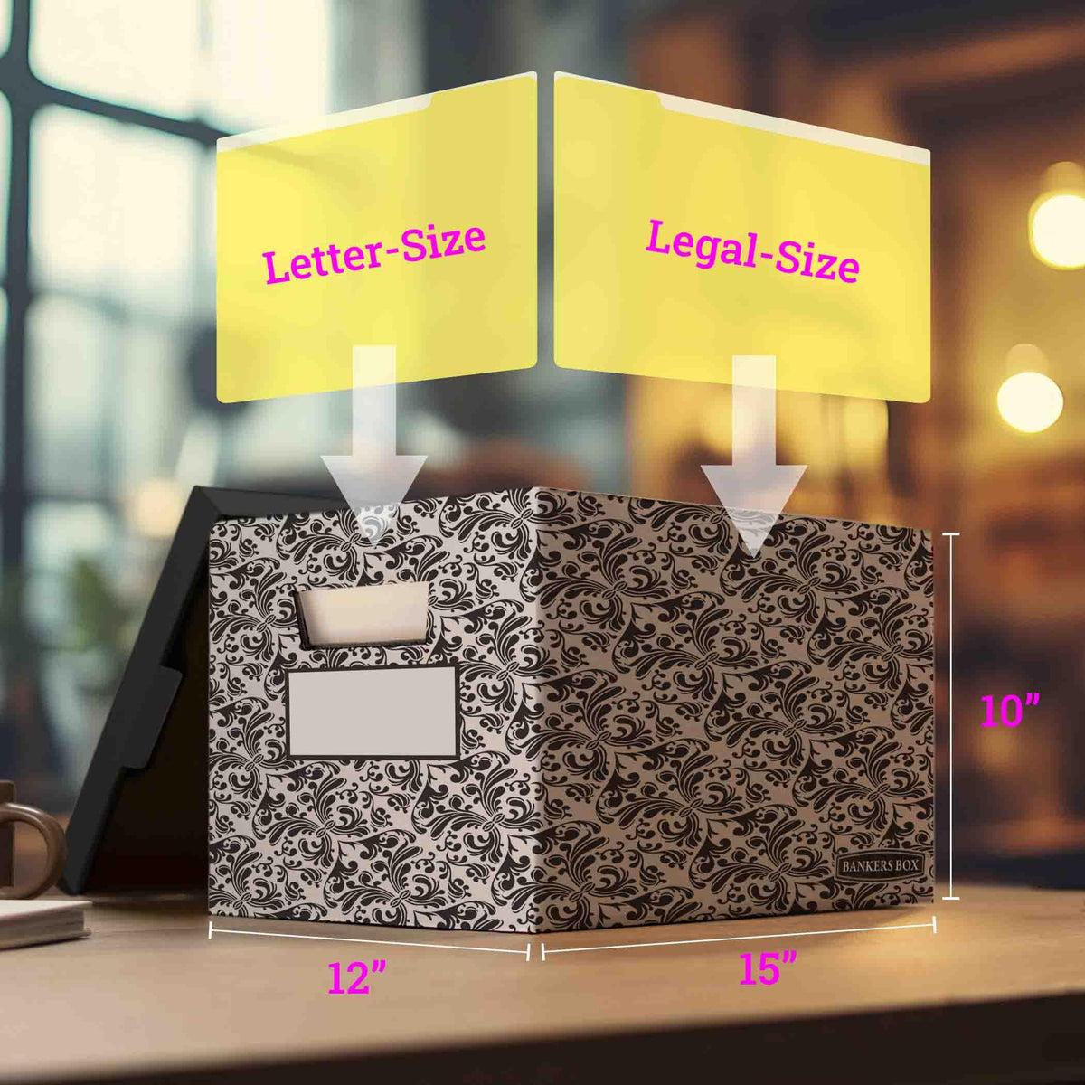 Bankers Box 4-Pack Brocade Design, Medium Duty File Storage Boxes with Lids, FastFold Assembly