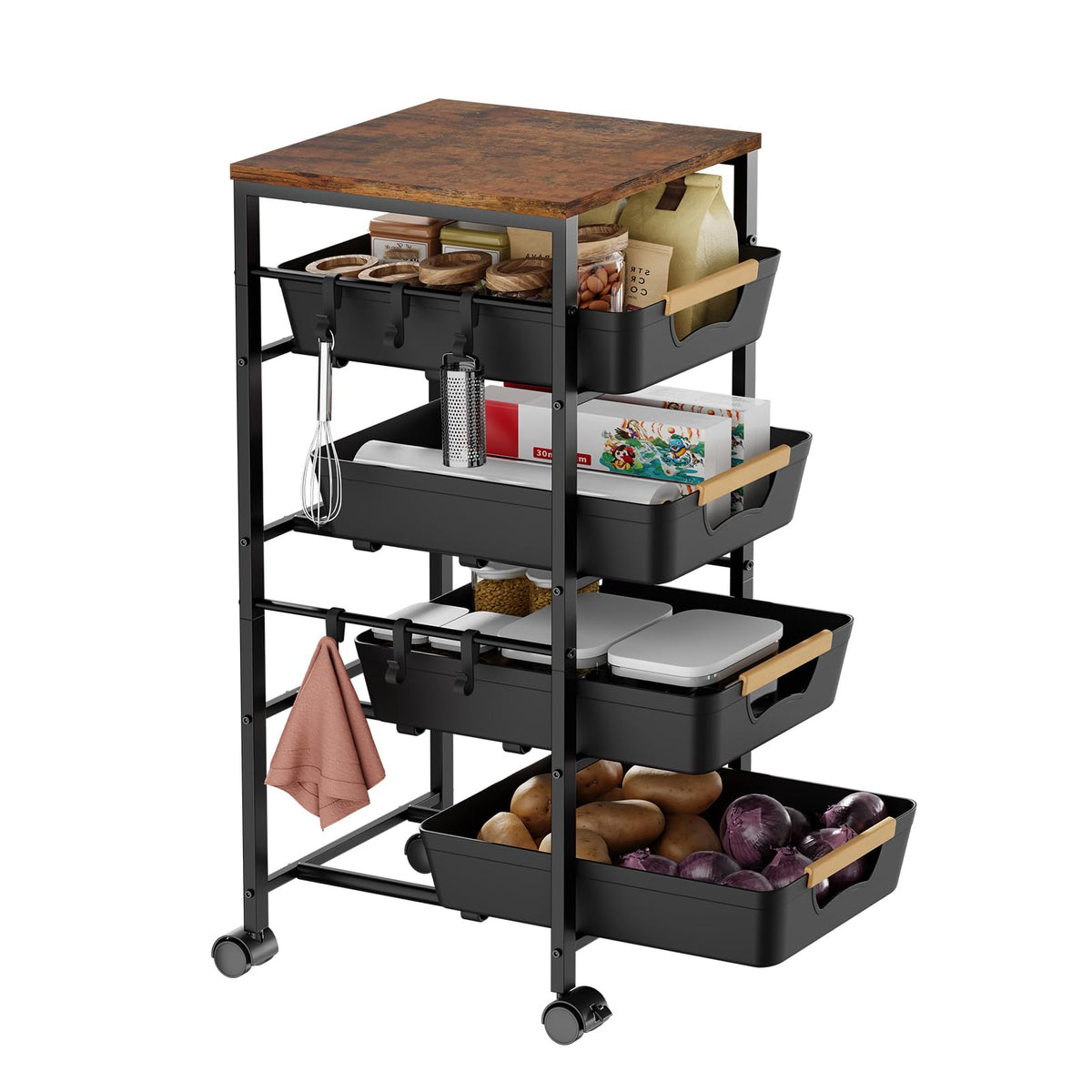 Landmok 5-Tier Kitchen Storage Cart, Wood Top Rolling Cart Organizer with Pull-Out Baskets &