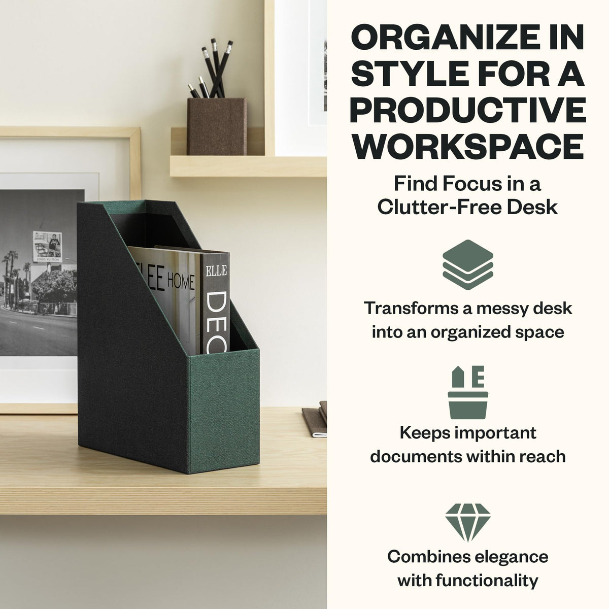 Bigso Estelle Fibreboard Magazine Holder with Leather Handle - Magazine File Holder and Organizer