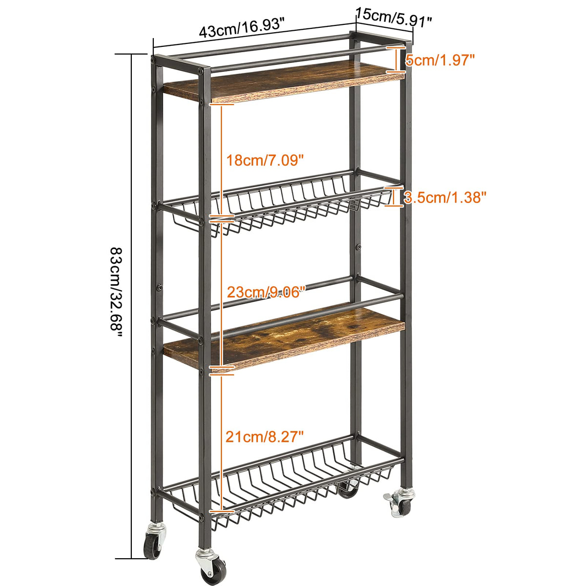 YMYNY Kitchen Storage Rolling Cart 4 Tier on Wheels Rustic Brown HBR002H