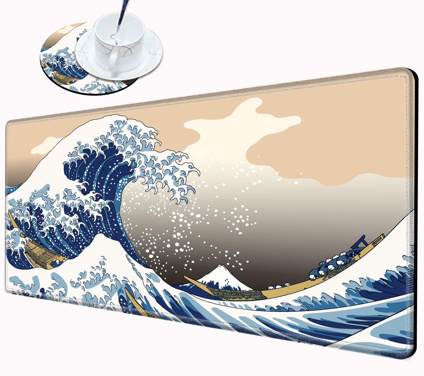 Gaming Mouse Pad Large Mousepad Japanese Sea Wave Desk Mat XXL Big Desk Pad 31.5x15.75 Rubber Base