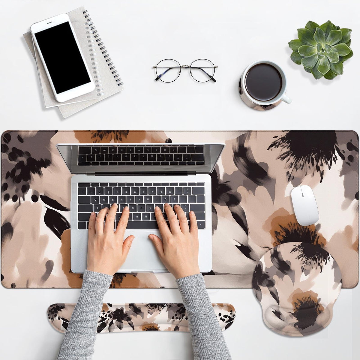 Britimes Keyboard Mouse Pad Set, 4 in 1 Desk Mat Set, Boho Tribal Brown