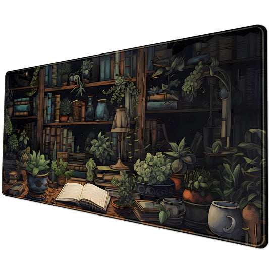 Desk Mat Green Bonsai Library Book Mouse Pad Big Vintage Aesthetic Desk Pad Flower Plant Extended