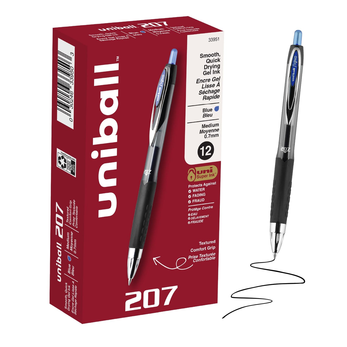 Signo Gel 207 Roller Ball Retractable Gel Pen, Blue Ink, 0.7MM, Dozen