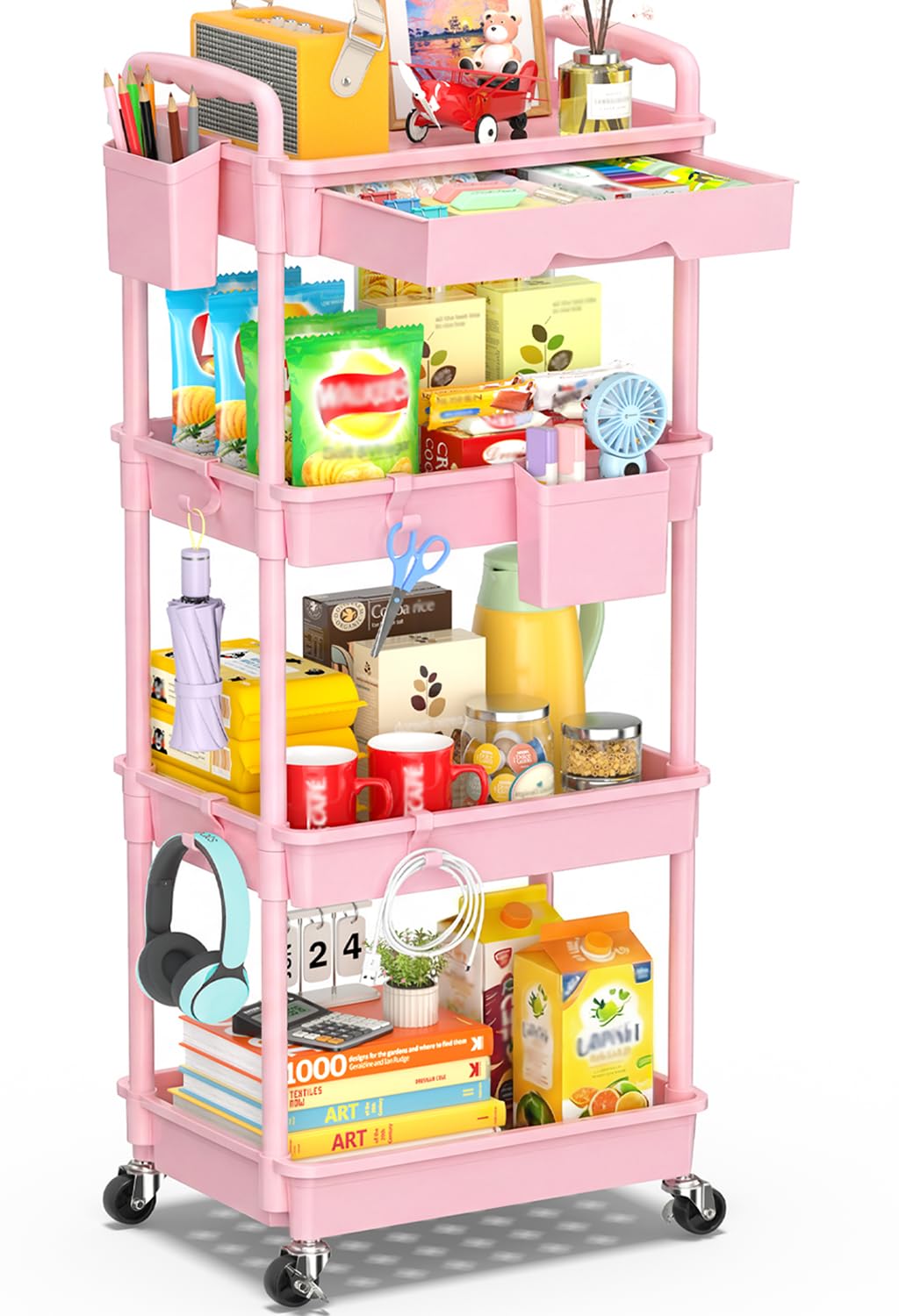 SUNALLY 4 Tier Rolling Cart with Drawer, Craft Storage Cart Organizer, Pink
