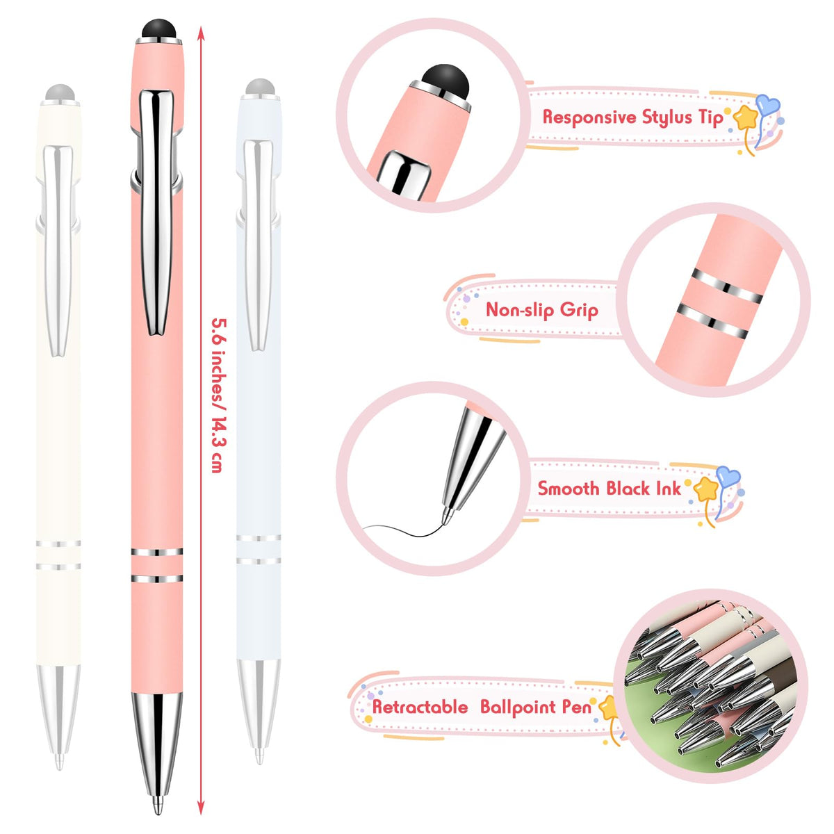 Yeaqee 100 Pieces Ballpoint Pen Bulk with Stylus Tip Click, Mixed Colors
