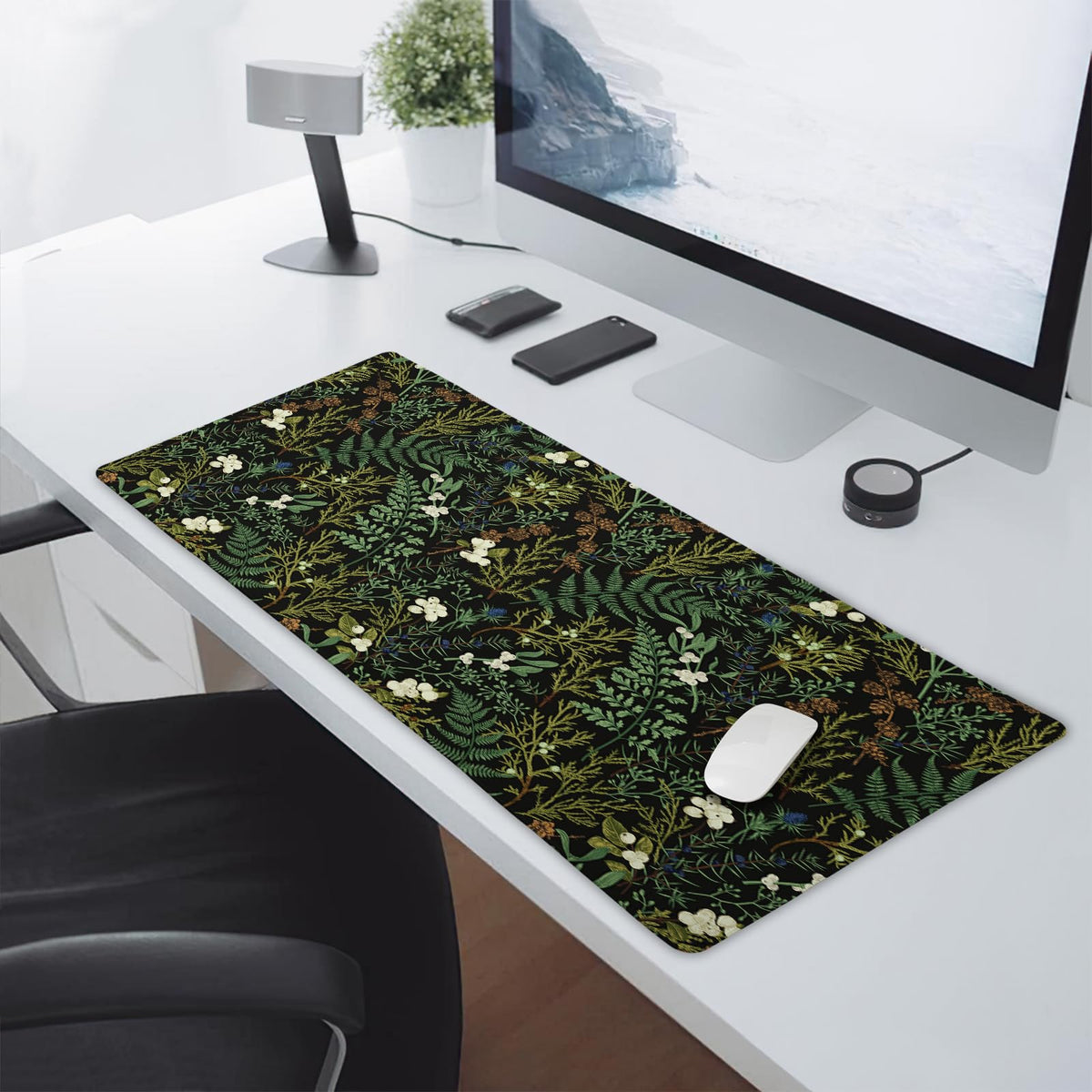 Black Aesthetic Vintage Botanical Gaming Mouse Pad Large XL Cute Forest Green Plant Nature Floral
