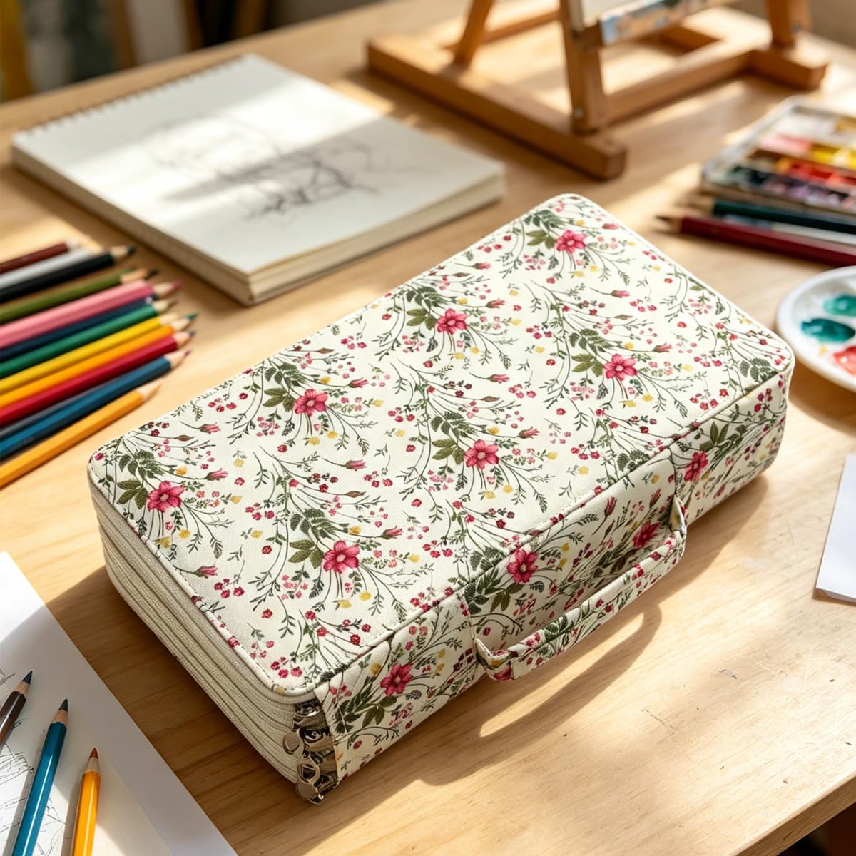 YOUNGCOL 300-Capacity Colored Pencil Case Pen Organizer (White Floral)