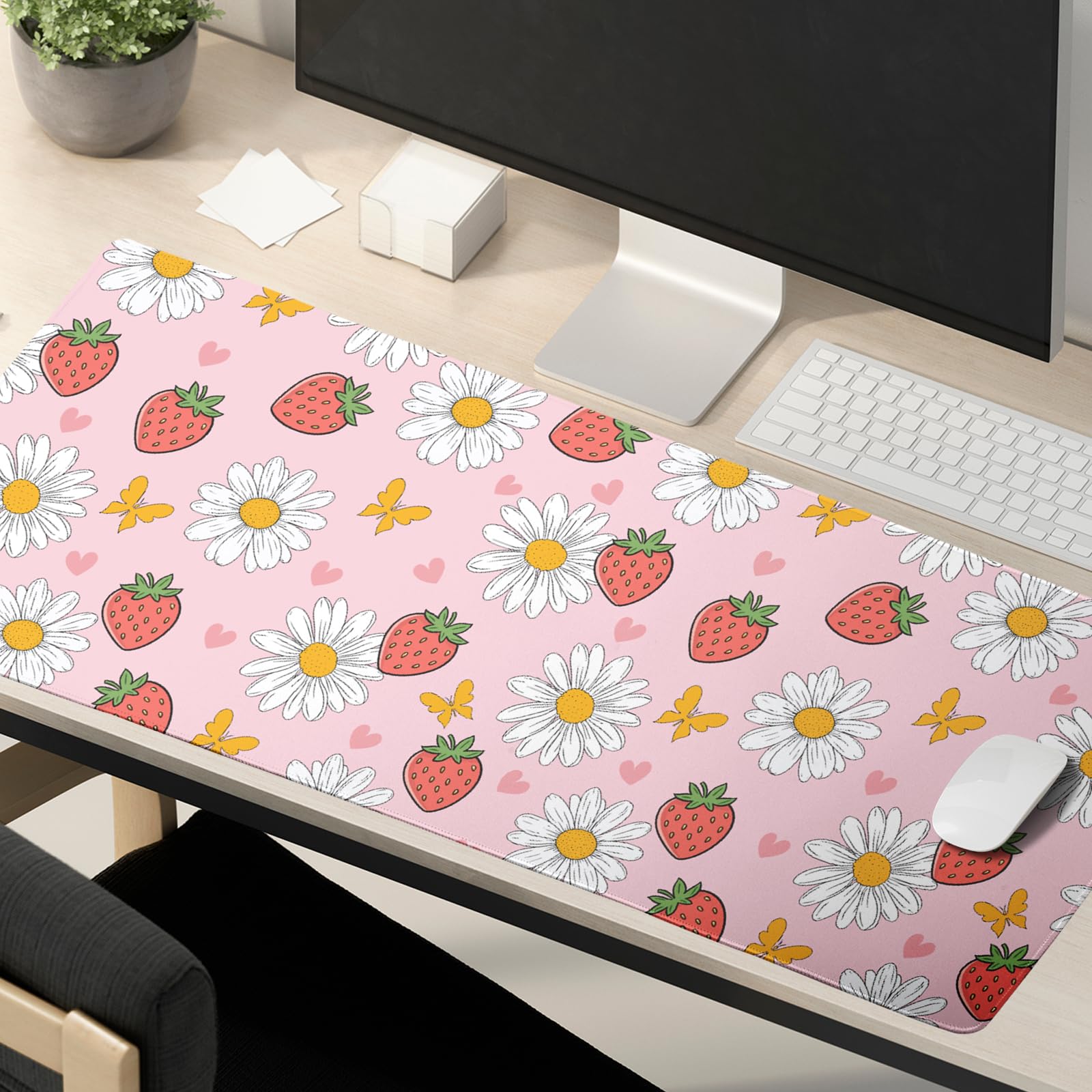 Cute Strawberry Extended Gaming Mouse Pad XXL Pink Cute Desk Mat Kawaii Pink Large Mouse Pad