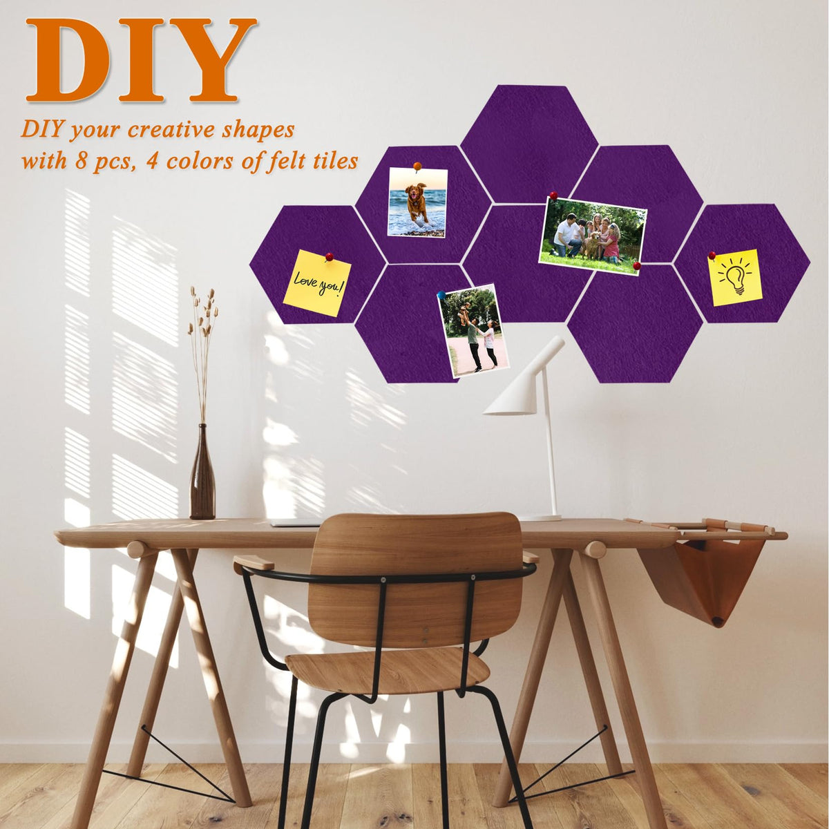 HULAVO 8 Pcs Hexagon Felt Cork Bulletin Board Tiles, Self Adhesive DIY Bulletin Board Pin Board for
