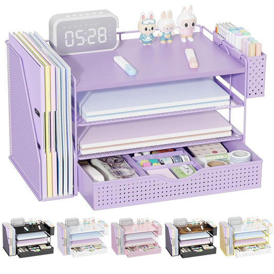 Wood Desk Organizers and Accessories with File Holder, 4-Tier Desk Accessories & Workspace