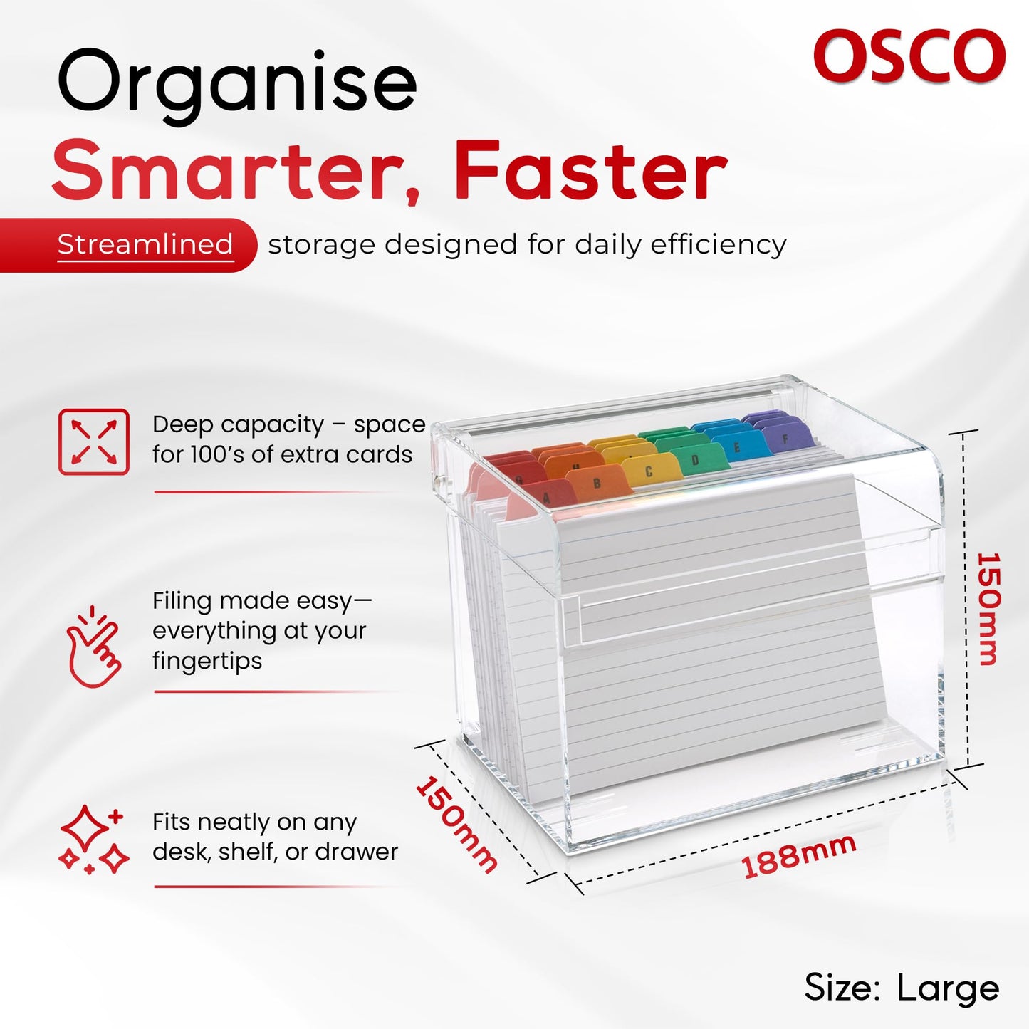 OSCO Clear Acrylic Index Box, Large, A to Z Divider Tabs, 100 Lined Note Cards, 7" x 5", Ruled