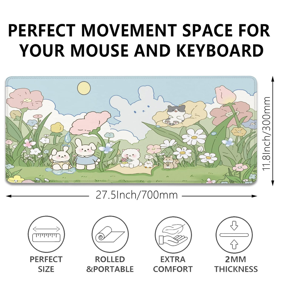 Cute Cartoon Bear Rabbit Cat and Flowers Extended Desk Pad Mouse Pad,Stitched Edges Non-Slip Rubber
