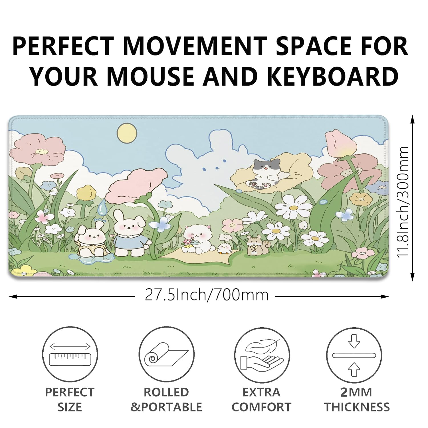Cute Cartoon Bear Rabbit Cat and Flowers Extended Desk Pad Mouse Pad,Stitched Edges Non-Slip Rubber