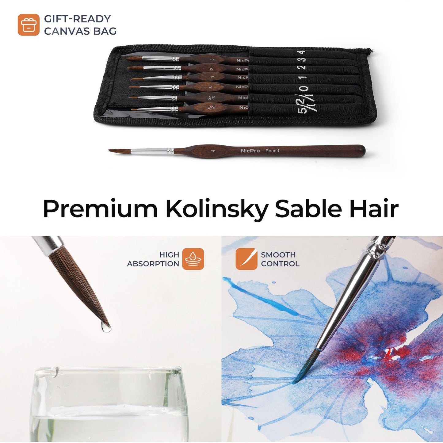 Nicpro 7pcs Kolinsky Sable Miniature Paint Brushes with Cloth Roll