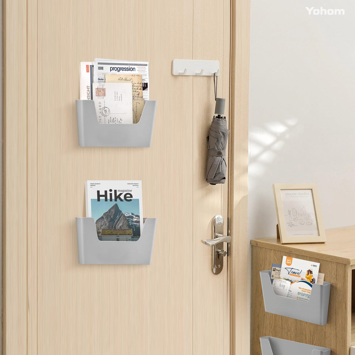 YOHOM Adhesive File Holder Plastic Document Folder Door No Drilling Mount Mail Magazine Organizer