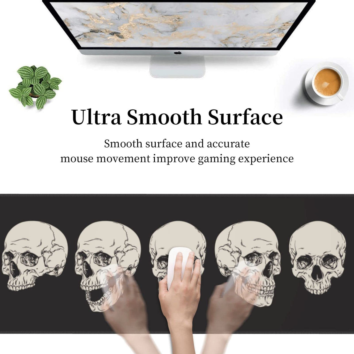 Human Skull Gaming Mouse Pad Non Slip XL Large Mousepad Stitched Edge Rubber Base Desk Mat for
