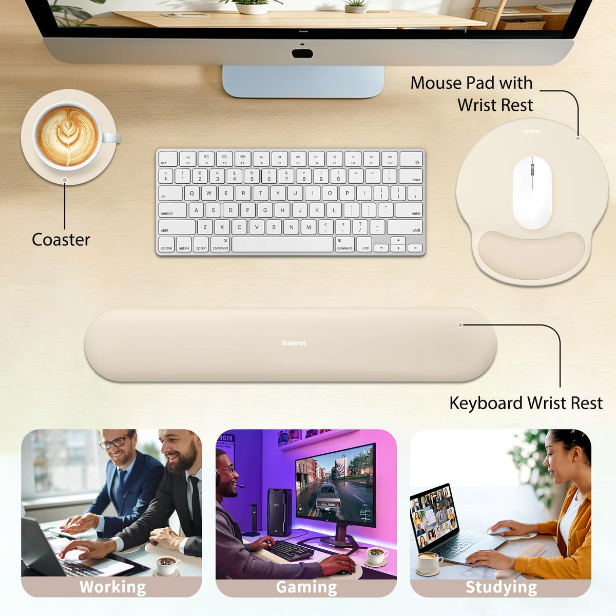 Sushret Mouse Pad and Keyboard Wrist Rest, 3-in-1 Gel Memory Foam Ergonomic Mouse Pad with Wrist