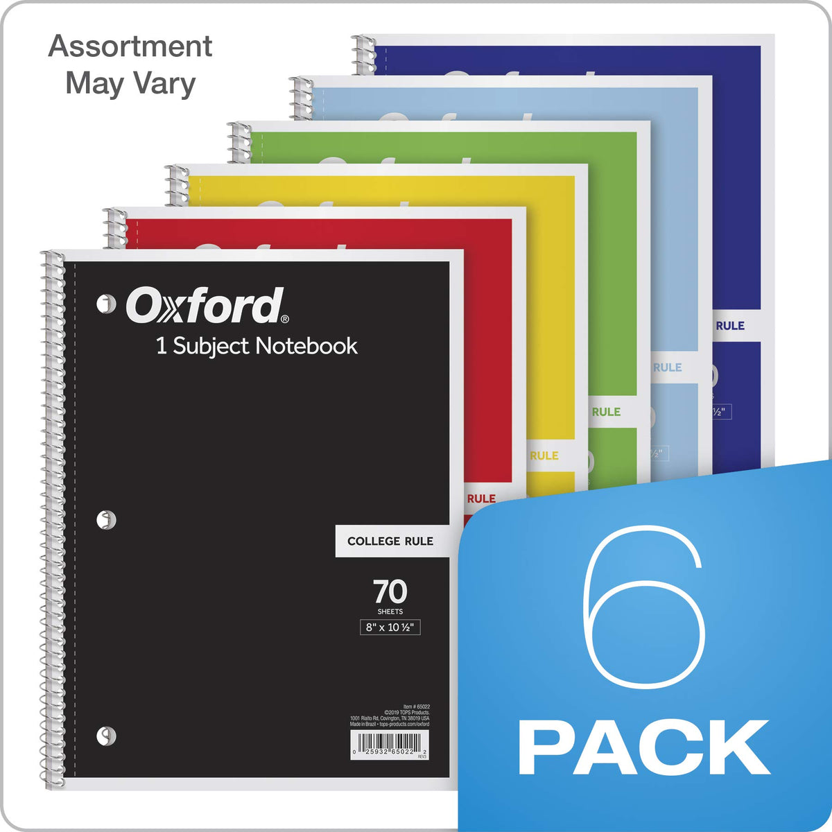 Oxford Spiral Notebook 6 Pack, 1 Subject, College Ruled Paper, 8 x 10-1/2 Inch, Color Assortment