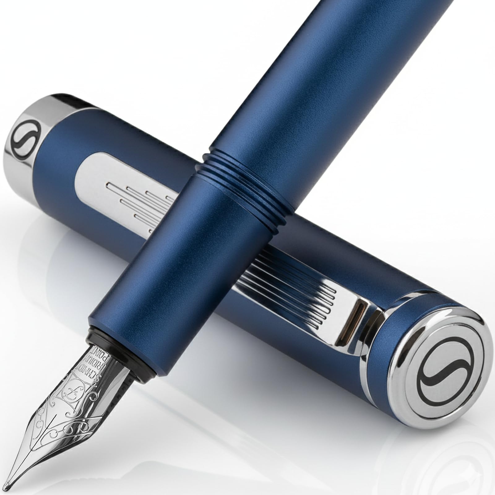 Scriveiner Luxury EDC Fountain Pen (Fine), Stunning Matt Blue Pocket Pen, Chrome Finish, Schmidt