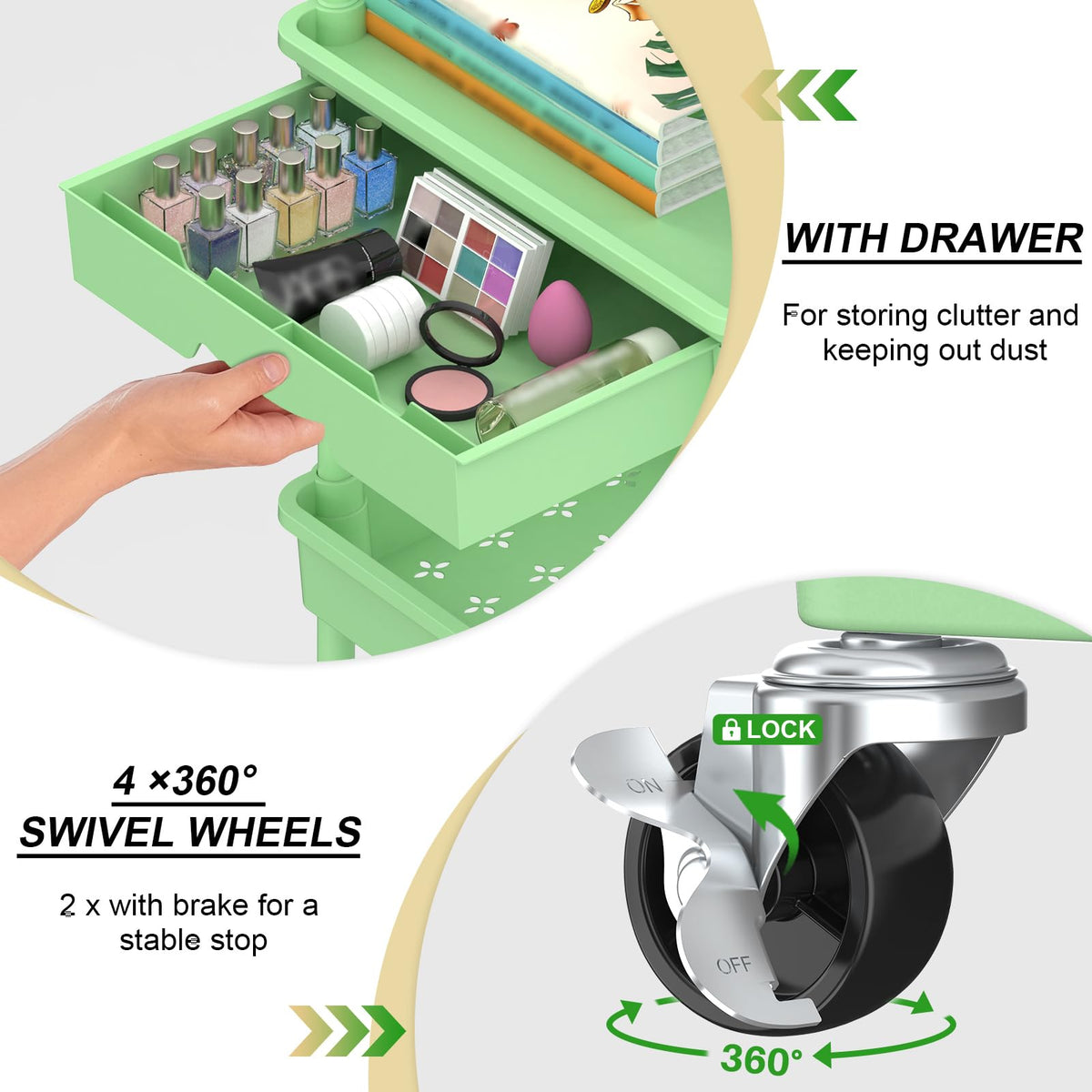 Goovilla 4 Tier Rolling Utility Cart Organizer with Removable Drawer, Green
