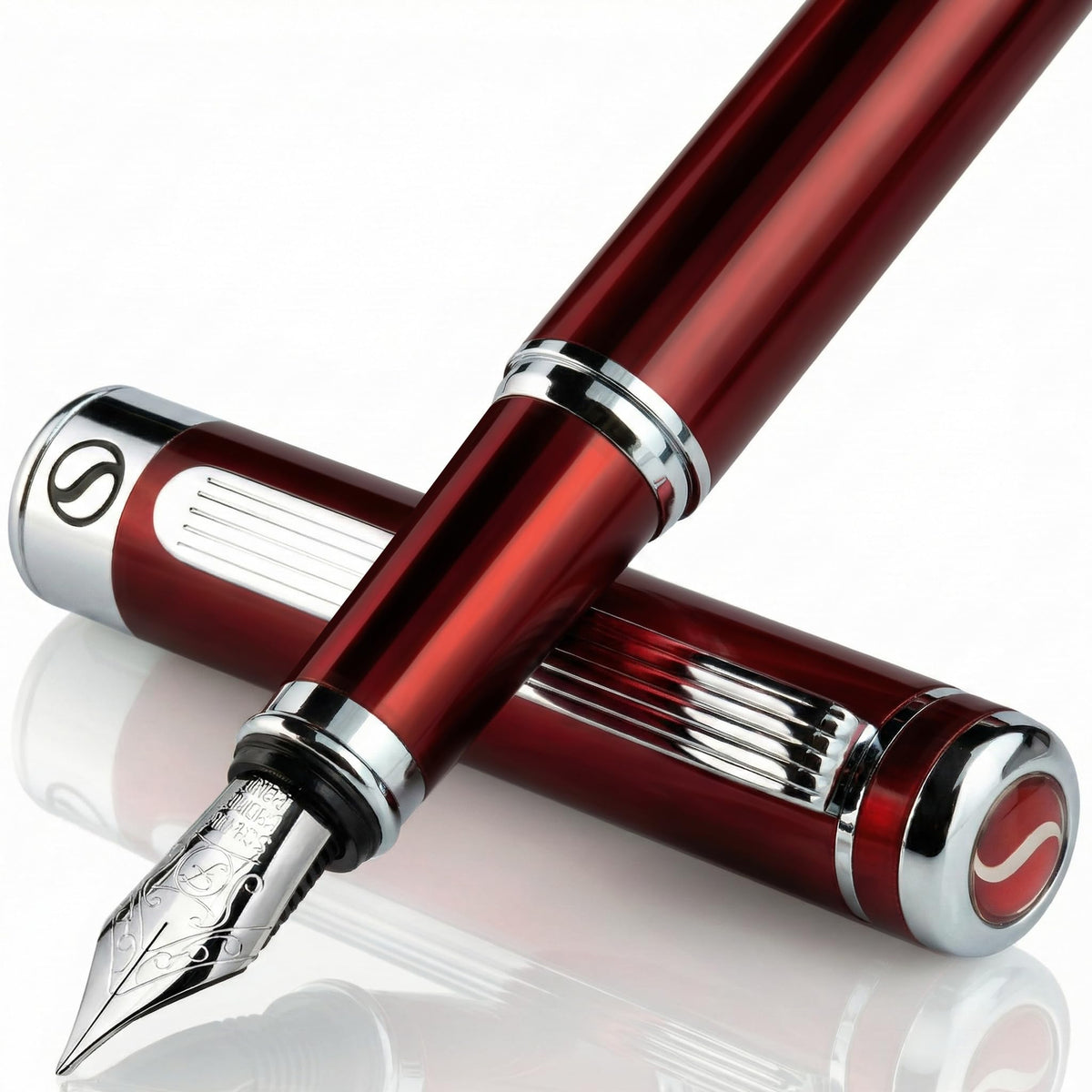 Scriveiner Deep Crimson Red Fountain Pen - Stunning Luxury Pen with Chrome Finish, Schmidt Nib