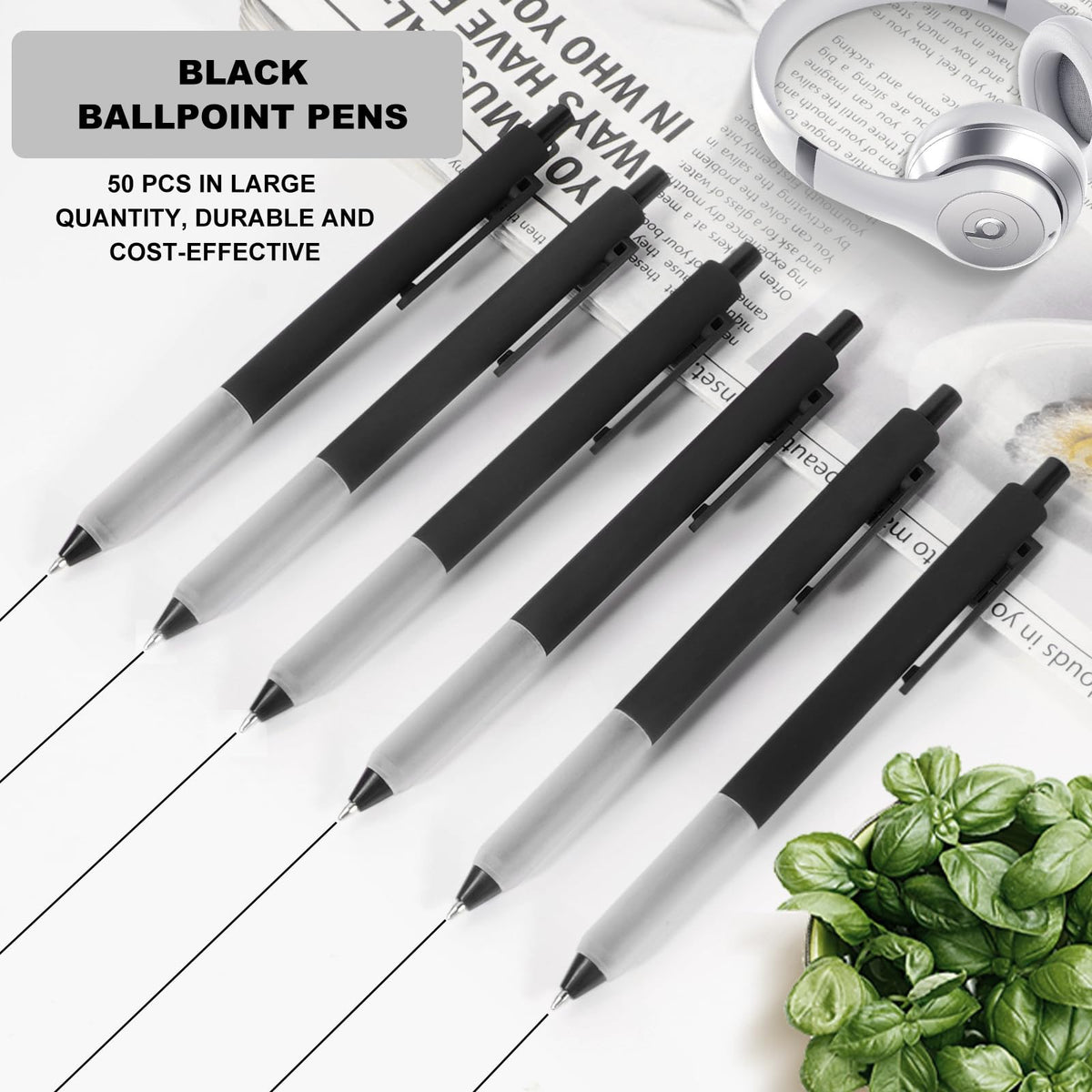 Kabolain 50 Pcs Black Pens, 1.0mm Retractable Ballpoint, Fine Point Smooth Pens with Soft Grip