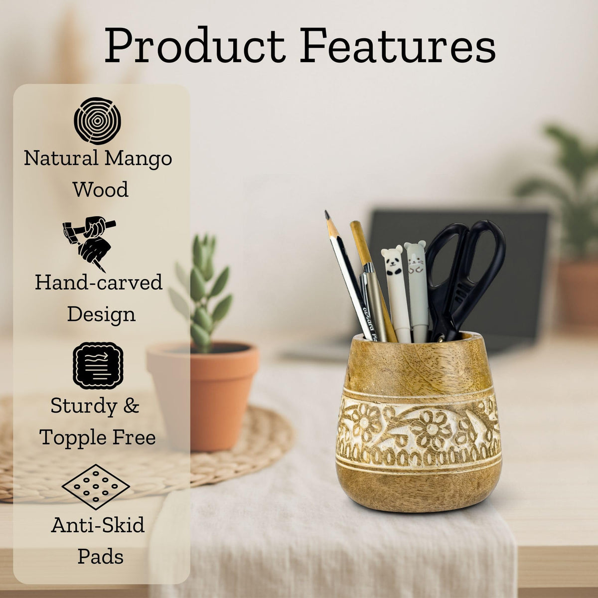 Mie Creations Farmhouse Pencil Holder for Desk, Wooden, White Floral 4''