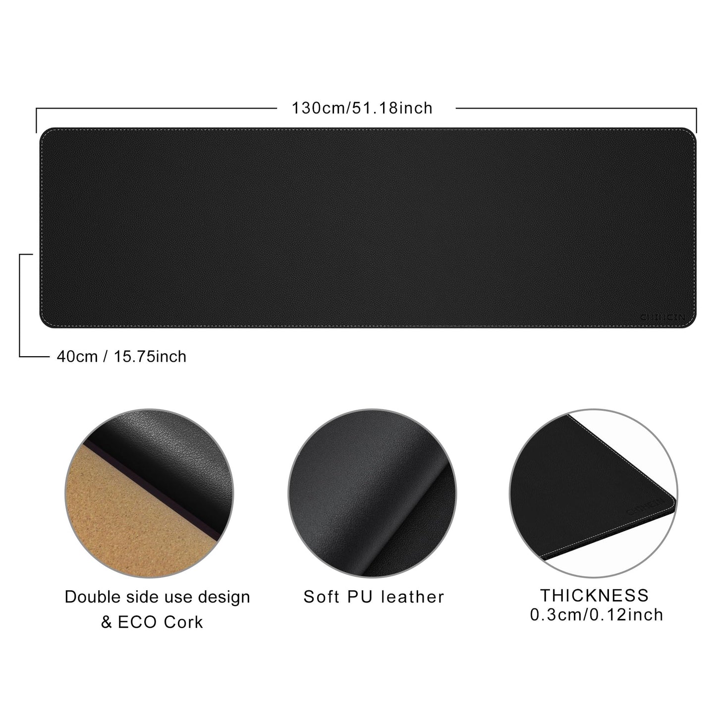 Chihein 51” x 16” Cork & PU Leather Desk Mat (Black) - Huge Mouse Pad, Double Sided Waterproof Desk