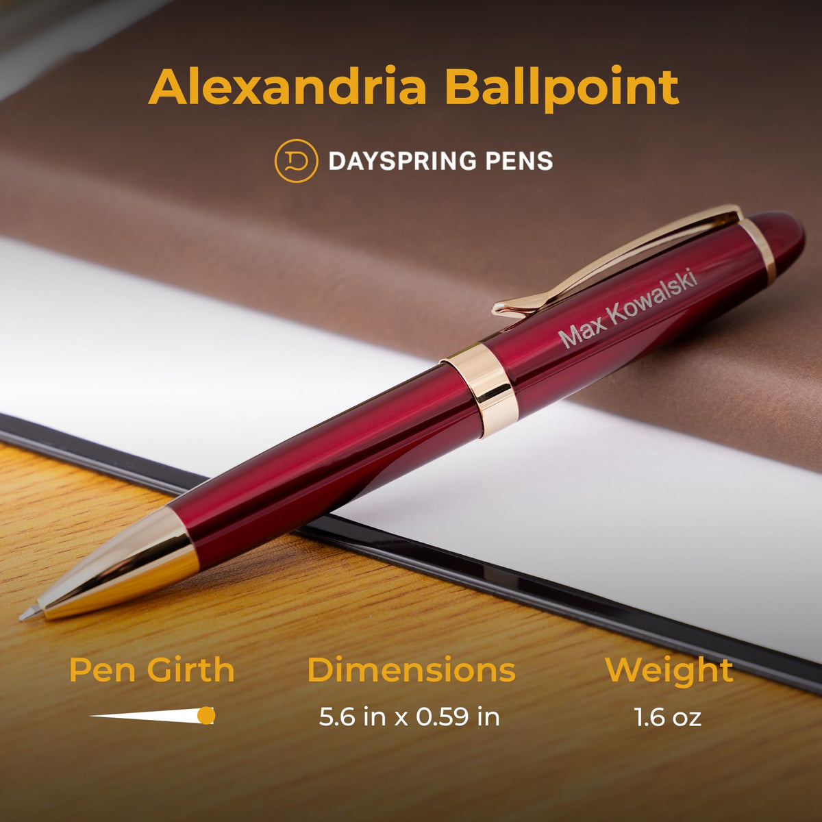 Dayspring Pens | Engraved Alexandria Twist Action Red Ballpoint Gift Pen with Case. Custom Engraved